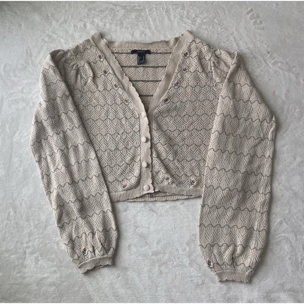 Forever 21 Beige Long Sleeve Button-Up Cardigan With Flower Embroidery Women's S